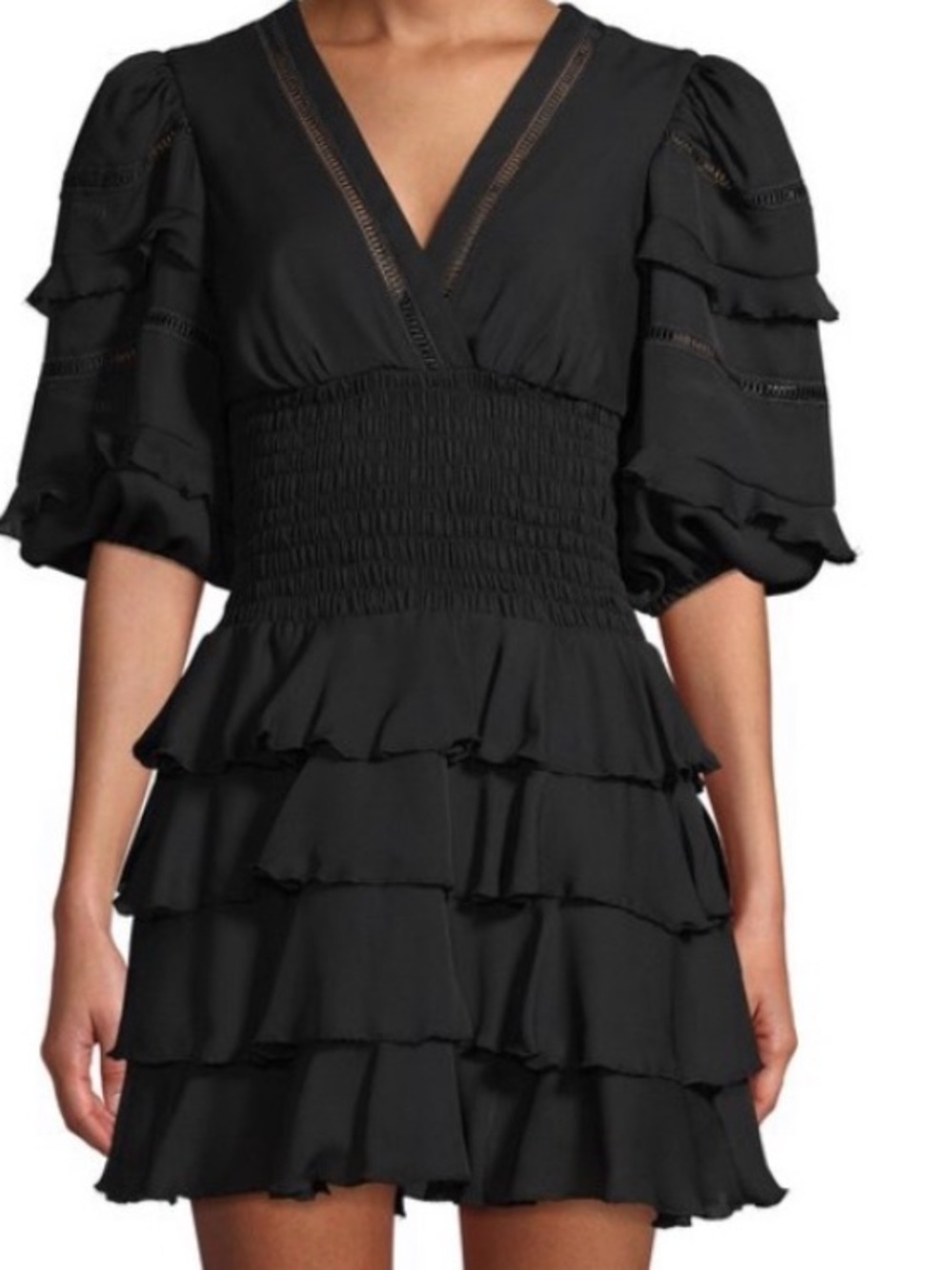 Nicole Miller Black V-Neck Smocked Ruffle Mini Dress size P/or small